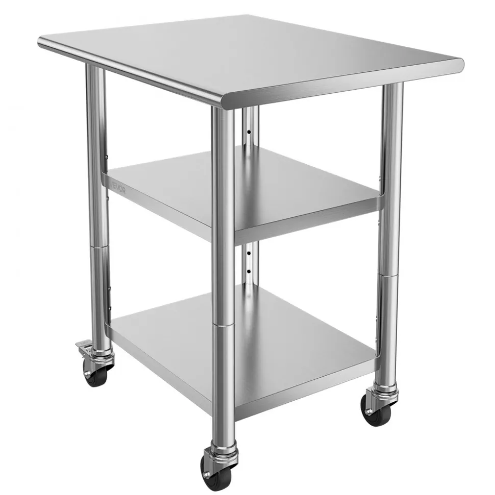 VEVOR Stainless Steel Work Table, 24x30 Inch Food Prep Table with 2 Shelves and Wheels, Commercial Kitchen Workstation, Metal Heavy Duty Utility Worktable, for Restaurant Home Hotel Garage Outdoor