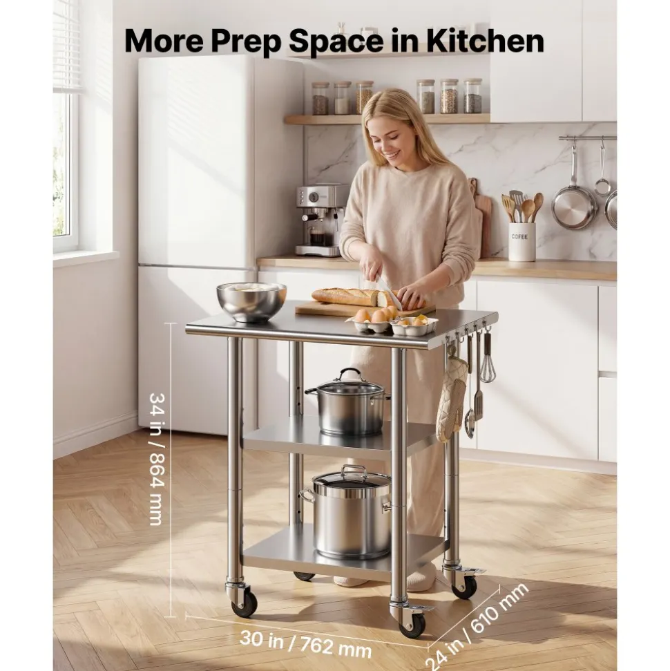 VEVOR Stainless Steel Work Table, 24x30 Inch Food Prep Table with 2 Shelves and Wheels, Commercial Kitchen Workstation, Metal Heavy Duty Utility Worktable, for Restaurant Home Hotel Garage Outdoor