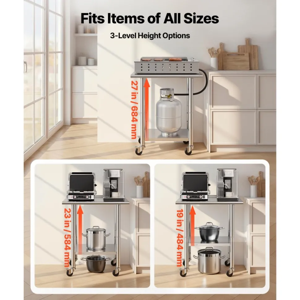 VEVOR Stainless Steel Work Table, 24x30 inch Food Prep Table with Wheels and Backsplash, Commercial Kitchen Workstation with Adjustable Undershelf, Metal Utility Worktable, for Restaurant Home Outdoor