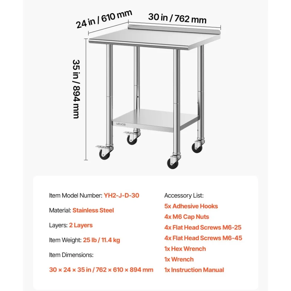 VEVOR Stainless Steel Work Table, 24x30 inch Food Prep Table with Wheels and Backsplash, Commercial Kitchen Workstation with Adjustable Undershelf, Metal Utility Worktable, for Restaurant Home Outdoor