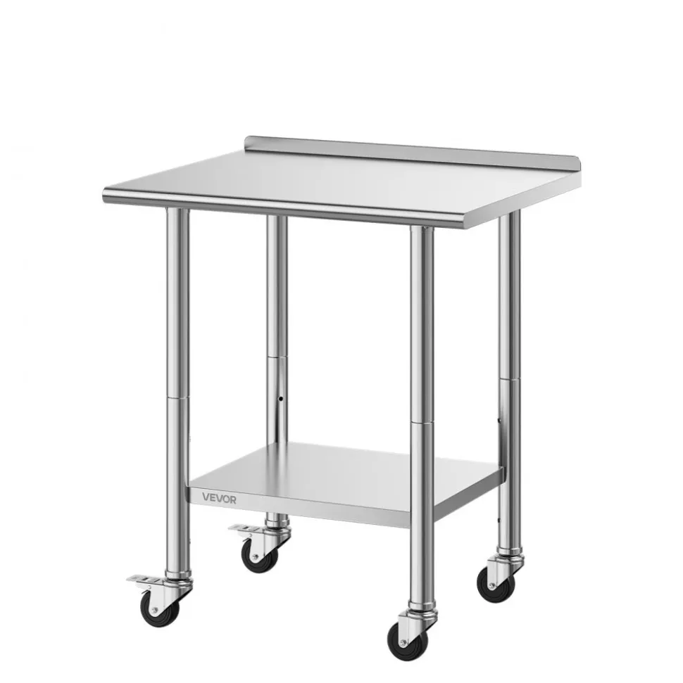 VEVOR Stainless Steel Work Table, 24x30 inch Food Prep Table with Wheels and Backsplash, Commercial Kitchen Workstation with Adjustable Undershelf, Metal Utility Worktable, for Restaurant Home Outdoor