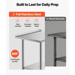 VEVOR Stainless Steel Work Table, 24x30 inch Food Prep Table with Wheels and Backsplash, Commercial Kitchen Workstation with Adjustable Undershelf, Metal Utility Worktable, for Restaurant Home Outdoor