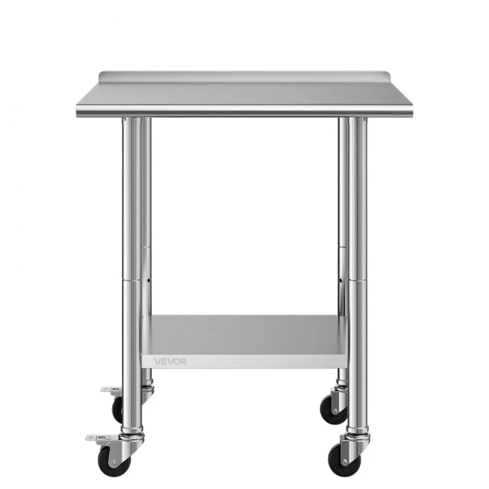 VEVOR Stainless Steel Work Table, 24x30 inch Food Prep Table with Wheels and Backsplash, Commercial Kitchen Workstation with Adjustable Undershelf, Metal Utility Worktable, for Restaurant Home Outdoor