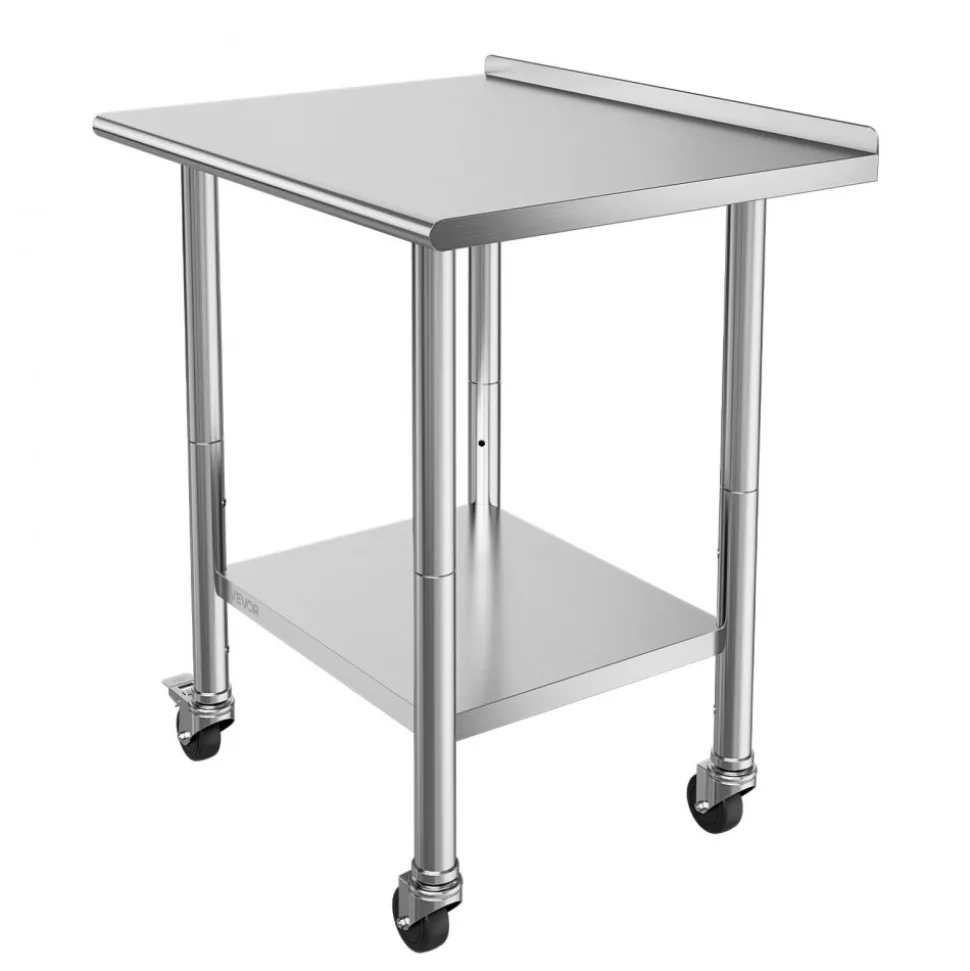 VEVOR Stainless Steel Work Table, 24x30 inch Food Prep Table with Wheels and Backsplash, Commercial Kitchen Workstation with Adjustable Undershelf, Metal Utility Worktable, for Restaurant Home Outdoor