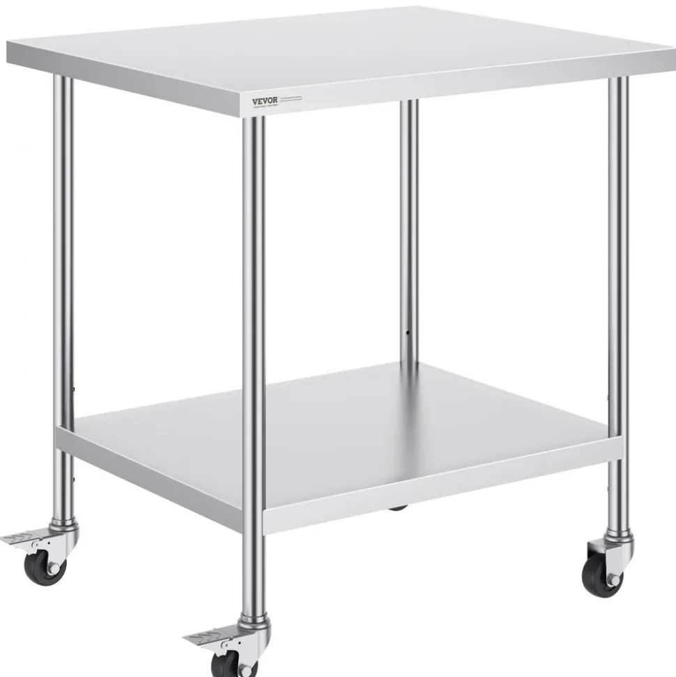 VEVOR Stainless Steel Work Table 30 x 18 x 38 Inch, with 4 Wheels, 3 Adjustable Height Levels, Heavy Duty Food Prep Worktable for Commercial Kitchen Restaurant, Silver