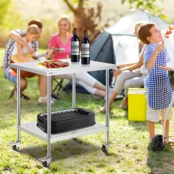 VEVOR Stainless Steel Work Table 30 x 18 x 38 Inch, with 4 Wheels, 3 Adjustable Height Levels, Heavy Duty Food Prep Worktable for Commercial Kitchen Restaurant, Silver