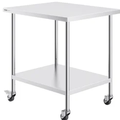 VEVOR Stainless Steel Work Table 30 x 18 x 38 Inch, with 4 Wheels, 3 Adjustable Height Levels, Heavy Duty Food Prep Worktable for Commercial Kitchen Restaurant, Silver