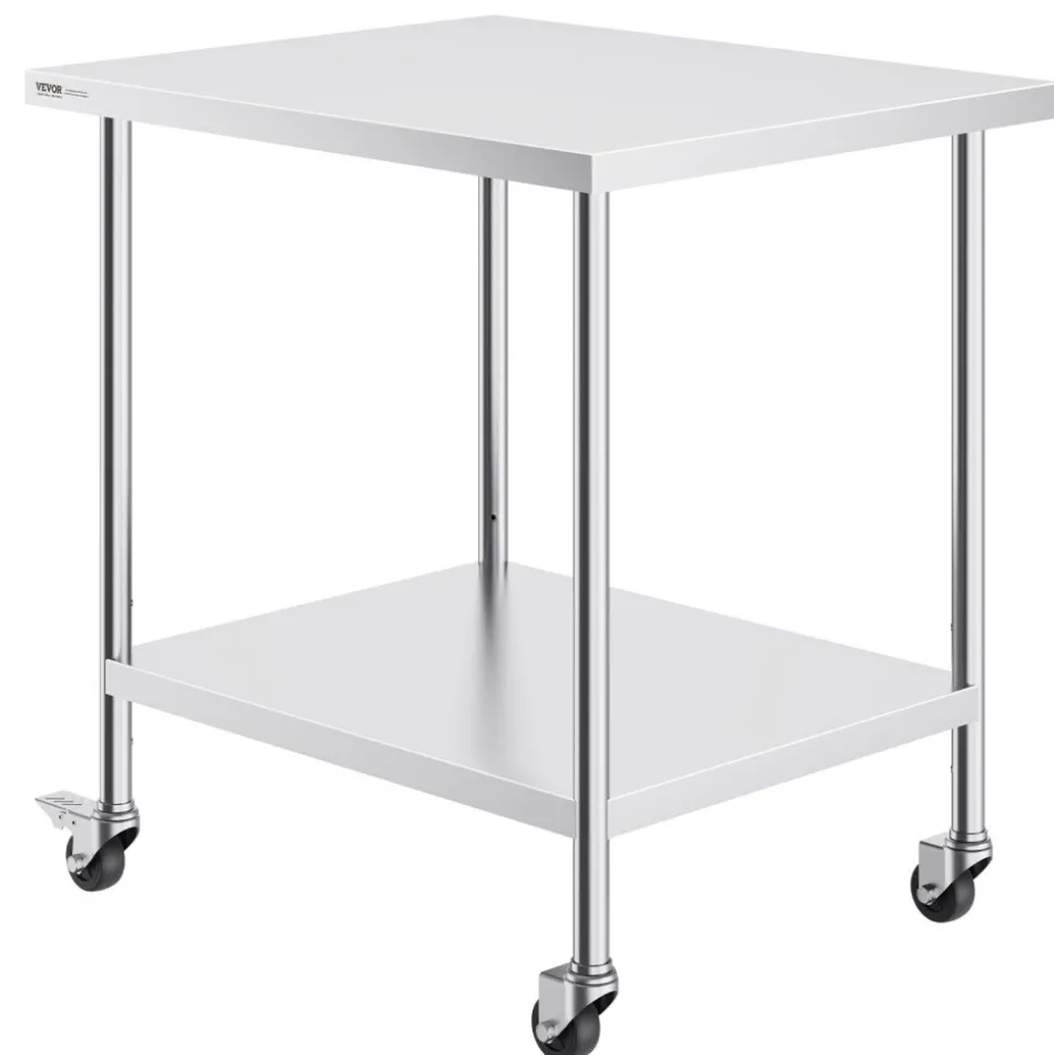 VEVOR Stainless Steel Work Table 30 x 18 x 38 Inch, with 4 Wheels, 3 Adjustable Height Levels, Heavy Duty Food Prep Worktable for Commercial Kitchen Restaurant, Silver