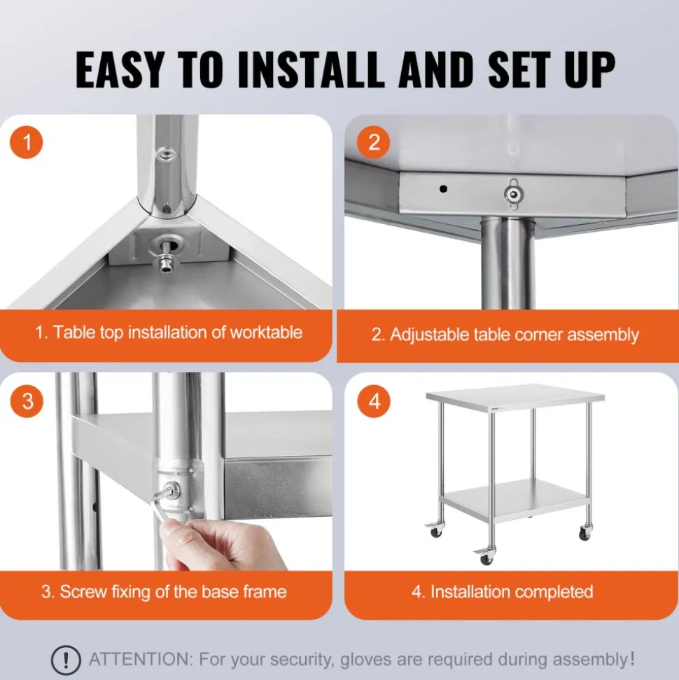 VEVOR Stainless Steel Work Table 30 x 18 x 38 Inch, with 4 Wheels, 3 Adjustable Height Levels, Heavy Duty Food Prep Worktable for Commercial Kitchen Restaurant, Silver