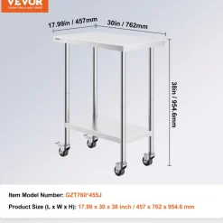 VEVOR Stainless Steel Work Table 30 x 18 x 38 Inch, with 4 Wheels, 3 Adjustable Height Levels, Heavy Duty Food Prep Worktable for Commercial Kitchen Restaurant, Silver