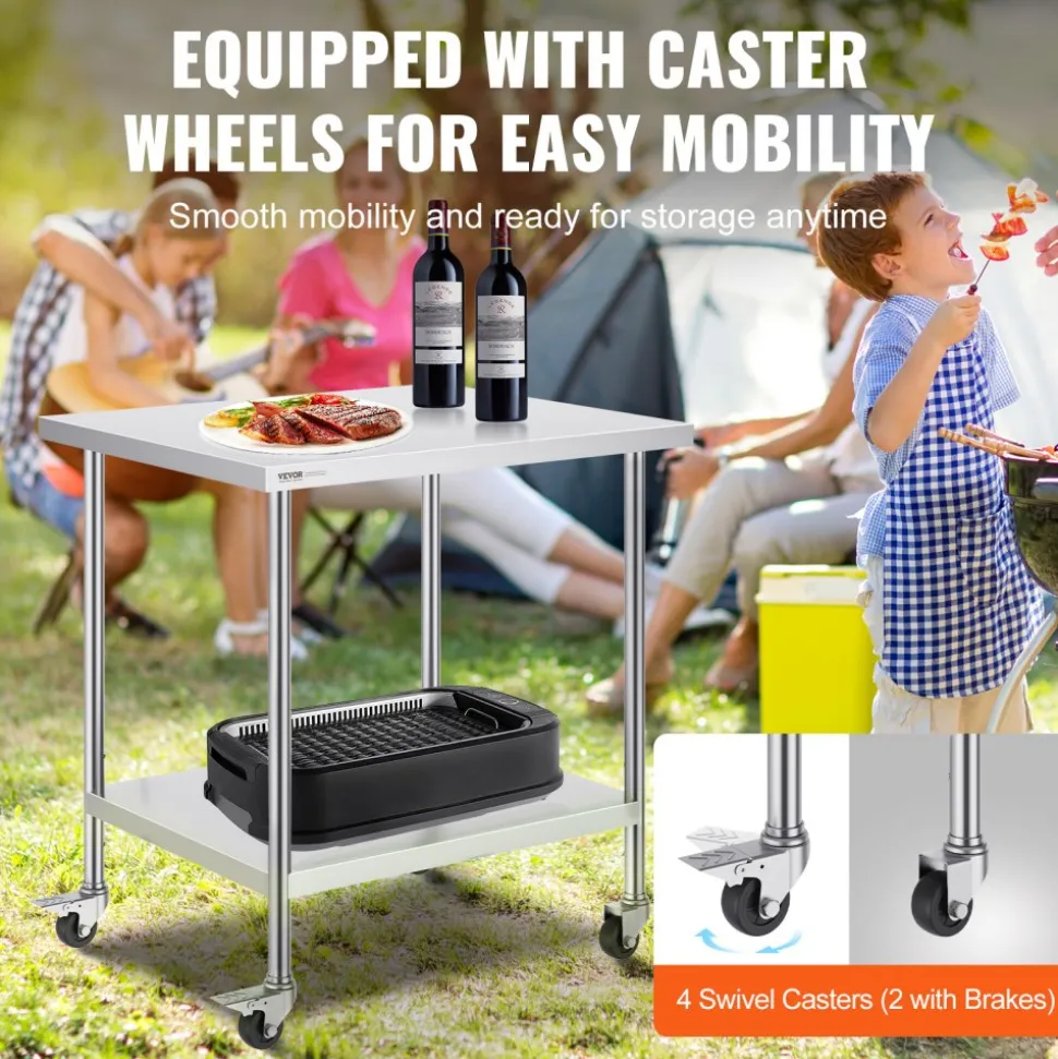 VEVOR Stainless Steel Work Table 30 x 18 x 38 Inch, with 4 Wheels, 3 Adjustable Height Levels, Heavy Duty Food Prep Worktable for Commercial Kitchen Restaurant, Silver