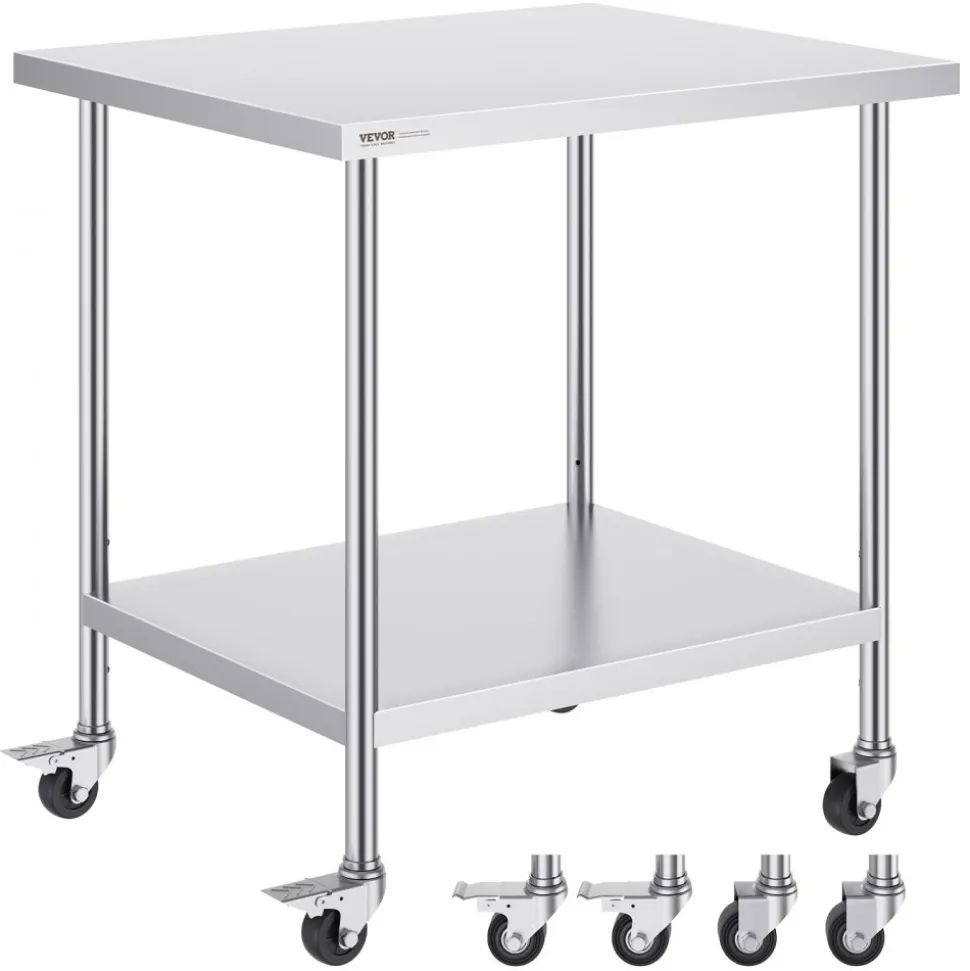 VEVOR Stainless Steel Work Table 30 x 18 x 38 Inch, with 4 Wheels, 3 Adjustable Height Levels, Heavy Duty Food Prep Worktable for Commercial Kitchen Restaurant, Silver