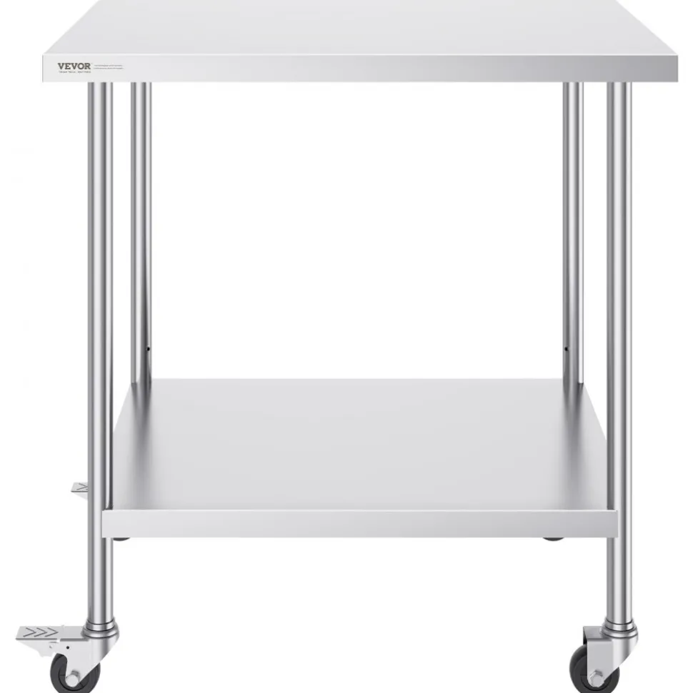 VEVOR Stainless Steel Work Table 30 x 18 x 38 Inch, with 4 Wheels, 3 Adjustable Height Levels, Heavy Duty Food Prep Worktable for Commercial Kitchen Restaurant, Silver