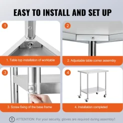 VEVOR Stainless Steel Work Table 24 x 36 x 38 Inch, with 4 Wheels, 3 Adjustable Height Levels, Heavy Duty Food Prep Worktable for Commercial Kitchen Restaurant, Silver
