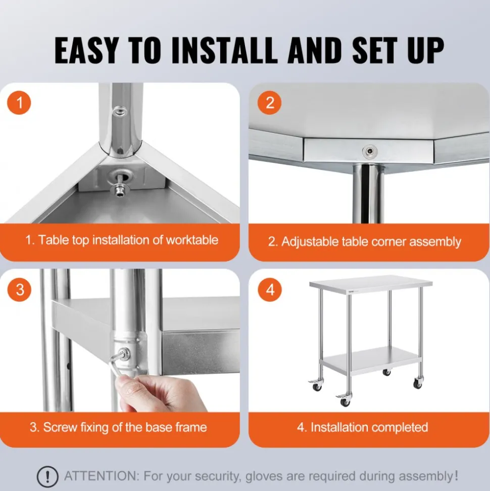 VEVOR Stainless Steel Work Table 24 x 36 x 38 Inch, with 4 Wheels, 3 Adjustable Height Levels, Heavy Duty Food Prep Worktable for Commercial Kitchen Restaurant, Silver