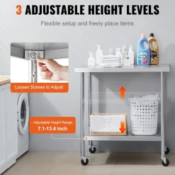 VEVOR Stainless Steel Work Table 24 x 36 x 38 Inch, with 4 Wheels, 3 Adjustable Height Levels, Heavy Duty Food Prep Worktable for Commercial Kitchen Restaurant, Silver