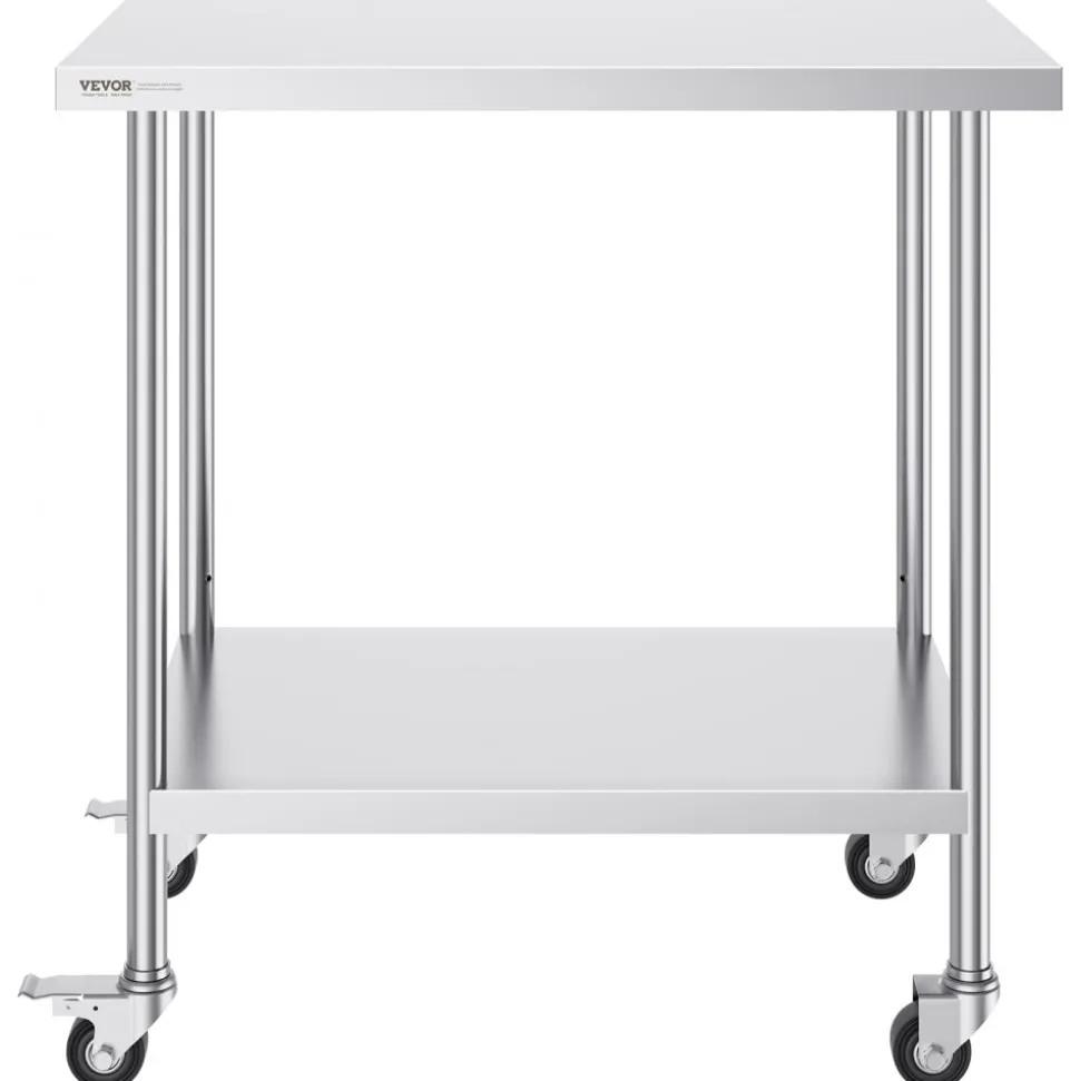VEVOR Stainless Steel Work Table 24 x 36 x 38 Inch, with 4 Wheels, 3 Adjustable Height Levels, Heavy Duty Food Prep Worktable for Commercial Kitchen Restaurant, Silver