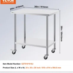VEVOR Stainless Steel Work Table 24 x 36 x 38 Inch, with 4 Wheels, 3 Adjustable Height Levels, Heavy Duty Food Prep Worktable for Commercial Kitchen Restaurant, Silver