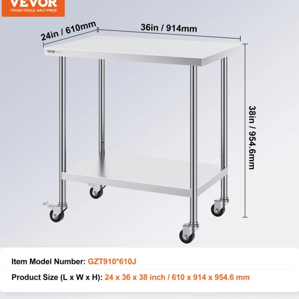 VEVOR Stainless Steel Work Table 24 x 36 x 38 Inch, with 4 Wheels, 3 Adjustable Height Levels, Heavy Duty Food Prep Worktable for Commercial Kitchen Restaurant, Silver