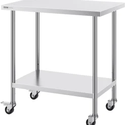 VEVOR Stainless Steel Work Table 24 x 36 x 38 Inch, with 4 Wheels, 3 Adjustable Height Levels, Heavy Duty Food Prep Worktable for Commercial Kitchen Restaurant, Silver