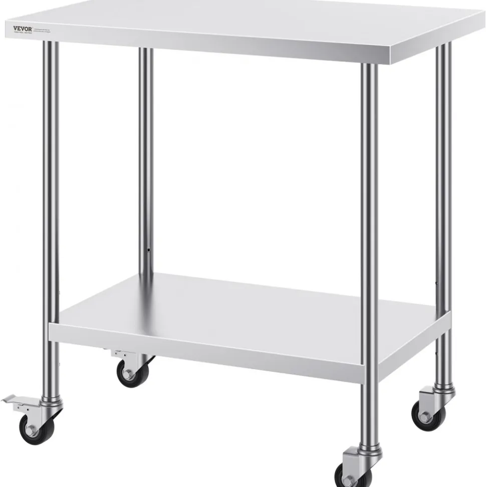 VEVOR Stainless Steel Work Table 24 x 36 x 38 Inch, with 4 Wheels, 3 Adjustable Height Levels, Heavy Duty Food Prep Worktable for Commercial Kitchen Restaurant, Silver