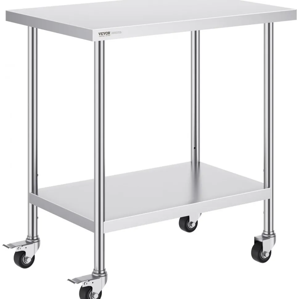 VEVOR Stainless Steel Work Table 24 x 36 x 38 Inch, with 4 Wheels, 3 Adjustable Height Levels, Heavy Duty Food Prep Worktable for Commercial Kitchen Restaurant, Silver