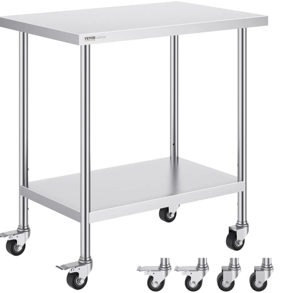 VEVOR Stainless Steel Work Table 24 x 36 x 38 Inch, with 4 Wheels, 3 Adjustable Height Levels, Heavy Duty Food Prep Worktable for Commercial Kitchen Restaurant, Silver