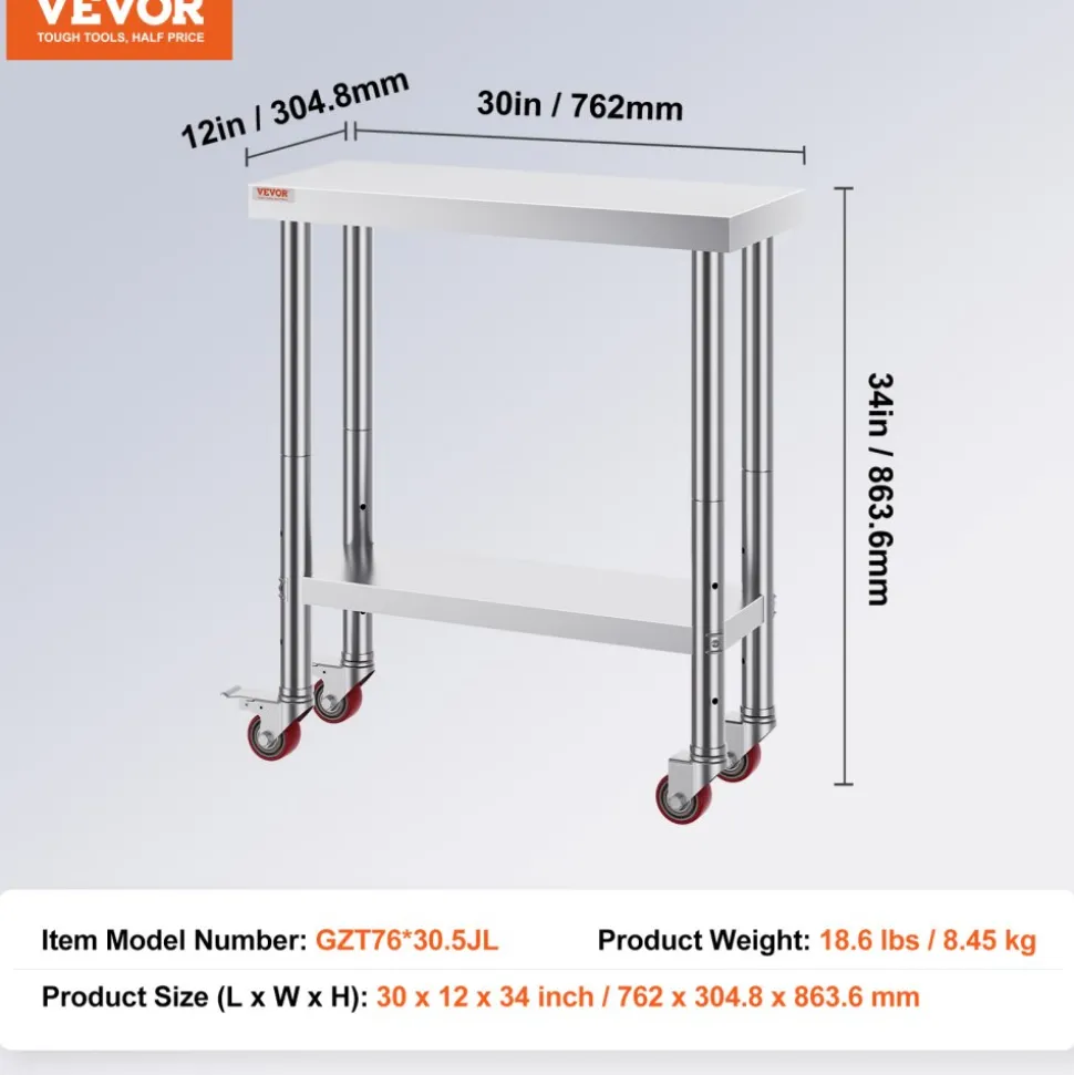 VEVOR Stainless Steel Work Table 24 x 24 x 38 Inch, 700 LBS Load Capacity with 4 Wheels, 3 Adjustable Height Levels, Heavy Duty Food Prep Worktable for Commercial Kitchen Restaurant, Silver