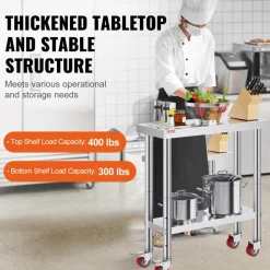 VEVOR Stainless Steel Work Table 24 x 24 x 38 Inch, 700 LBS Load Capacity with 4 Wheels, 3 Adjustable Height Levels, Heavy Duty Food Prep Worktable for Commercial Kitchen Restaurant, Silver