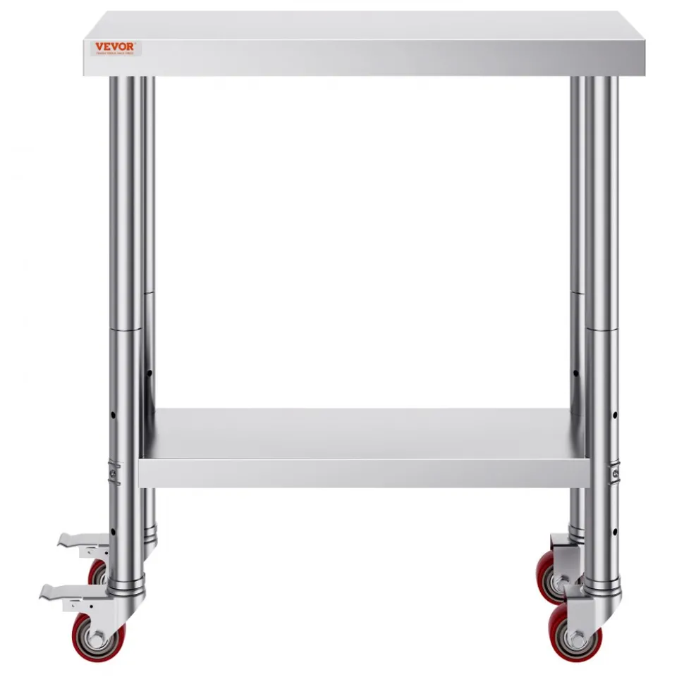 VEVOR Stainless Steel Work Table 24 x 24 x 38 Inch, 700 LBS Load Capacity with 4 Wheels, 3 Adjustable Height Levels, Heavy Duty Food Prep Worktable for Commercial Kitchen Restaurant, Silver