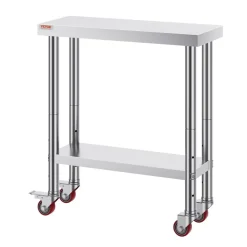 VEVOR Stainless Steel Work Table 24 x 24 x 38 Inch, 700 LBS Load Capacity with 4 Wheels, 3 Adjustable Height Levels, Heavy Duty Food Prep Worktable for Commercial Kitchen Restaurant, Silver