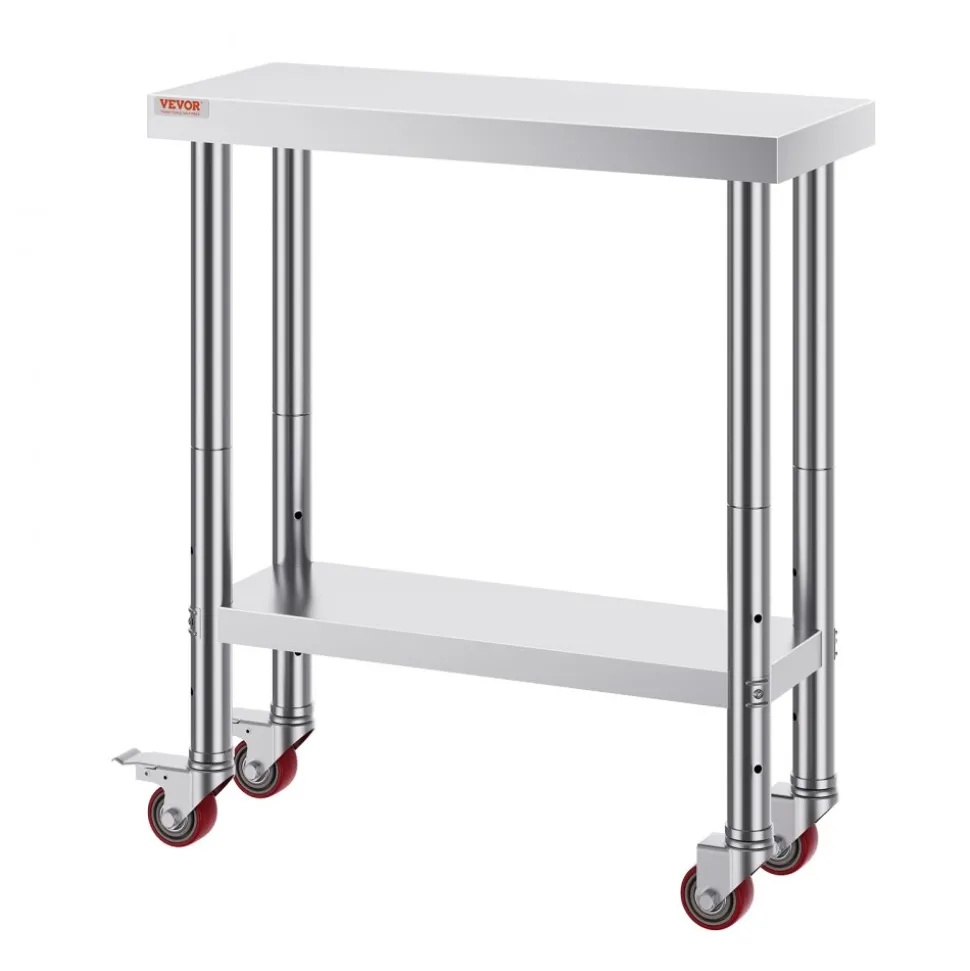VEVOR Stainless Steel Work Table 24 x 24 x 38 Inch, 700 LBS Load Capacity with 4 Wheels, 3 Adjustable Height Levels, Heavy Duty Food Prep Worktable for Commercial Kitchen Restaurant, Silver