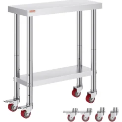 VEVOR Stainless Steel Work Table 24 x 24 x 38 Inch, 700 LBS Load Capacity with 4 Wheels, 3 Adjustable Height Levels, Heavy Duty Food Prep Worktable for Commercial Kitchen Restaurant, Silver