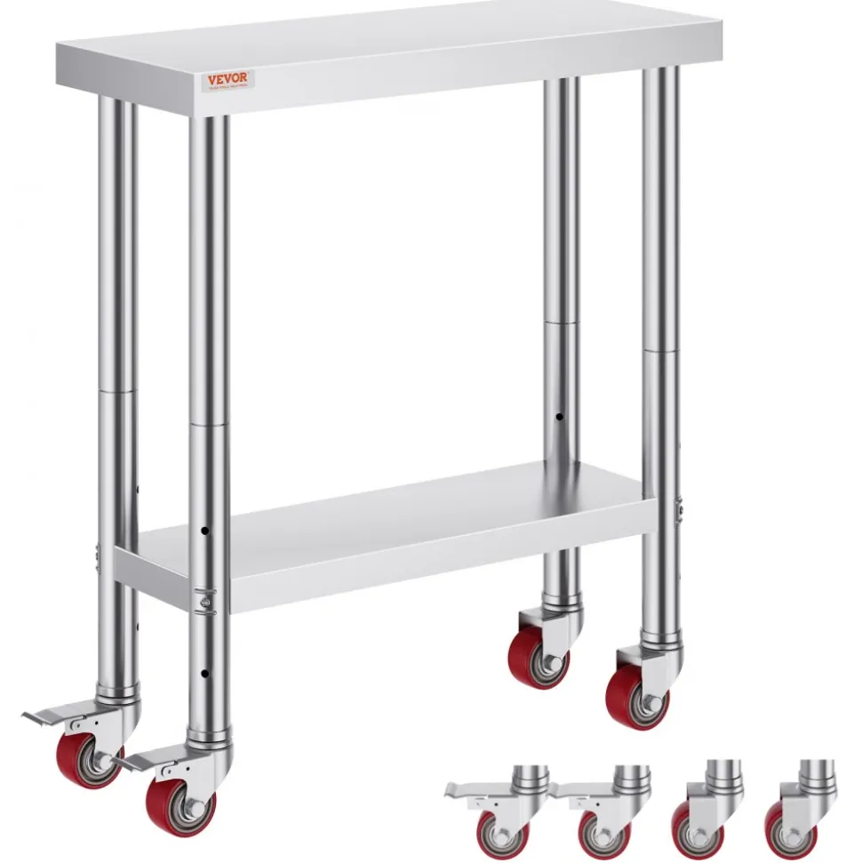 VEVOR Stainless Steel Work Table 24 x 24 x 38 Inch, 700 LBS Load Capacity with 4 Wheels, 3 Adjustable Height Levels, Heavy Duty Food Prep Worktable for Commercial Kitchen Restaurant, Silver