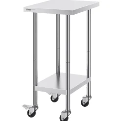 VEVOR Stainless Steel Work Table 24 x 18 x 38 Inch, with 4 Wheels, 3 Adjustable Height Levels, Heavy Duty Food Prep Worktable for Commercial Kitchen Restaurant, Silver