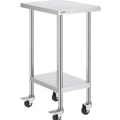 VEVOR Stainless Steel Work Table 24 x 18 x 38 Inch, with 4 Wheels, 3 Adjustable Height Levels, Heavy Duty Food Prep Worktable for Commercial Kitchen Restaurant, Silver
