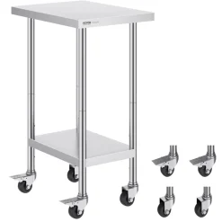 VEVOR Stainless Steel Work Table 24 x 18 x 38 Inch, with 4 Wheels, 3 Adjustable Height Levels, Heavy Duty Food Prep Worktable for Commercial Kitchen Restaurant, Silver