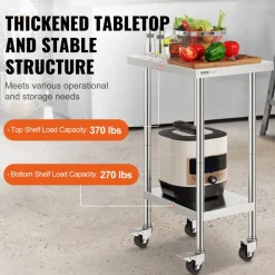 VEVOR Stainless Steel Work Table 24 x 18 x 38 Inch, with 4 Wheels, 3 Adjustable Height Levels, Heavy Duty Food Prep Worktable for Commercial Kitchen Restaurant, Silver