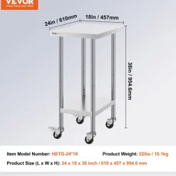 VEVOR Stainless Steel Work Table 24 x 18 x 38 Inch, with 4 Wheels, 3 Adjustable Height Levels, Heavy Duty Food Prep Worktable for Commercial Kitchen Restaurant, Silver