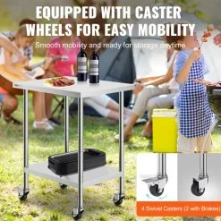 VEVOR Stainless Steel Work Table 24 x 30 x 38 Inch, with 4 Wheels, 3 Adjustable Height Levels, Heavy Duty Food Prep Worktable for Commercial Kitchen Restaurant, Silver