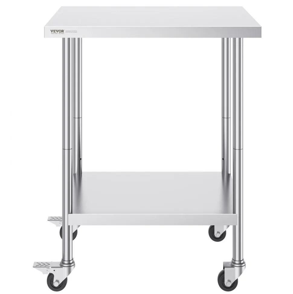 VEVOR Stainless Steel Work Table 24 x 30 x 38 Inch, with 4 Wheels, 3 Adjustable Height Levels, Heavy Duty Food Prep Worktable for Commercial Kitchen Restaurant, Silver