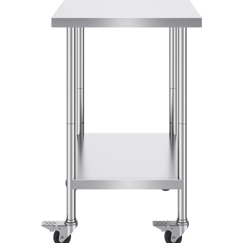VEVOR Stainless Steel Work Table 24 x 30 x 38 Inch, with 4 Wheels, 3 Adjustable Height Levels, Heavy Duty Food Prep Worktable for Commercial Kitchen Restaurant, Silver