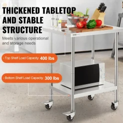 VEVOR Stainless Steel Work Table 24 x 30 x 38 Inch, with 4 Wheels, 3 Adjustable Height Levels, Heavy Duty Food Prep Worktable for Commercial Kitchen Restaurant, Silver