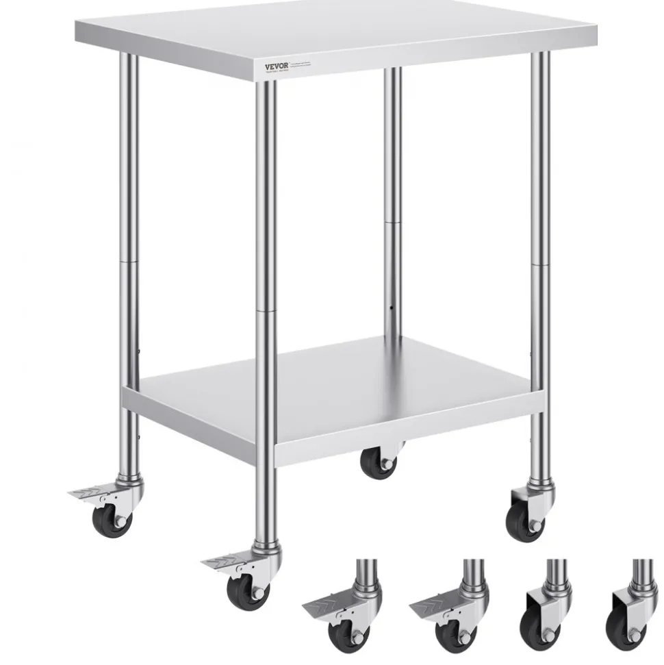 VEVOR Stainless Steel Work Table 24 x 30 x 38 Inch, with 4 Wheels, 3 Adjustable Height Levels, Heavy Duty Food Prep Worktable for Commercial Kitchen Restaurant, Silver