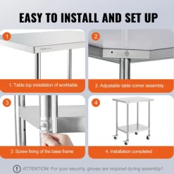 VEVOR Stainless Steel Work Table 24 x 30 x 38 Inch, with 4 Wheels, 3 Adjustable Height Levels, Heavy Duty Food Prep Worktable for Commercial Kitchen Restaurant, Silver