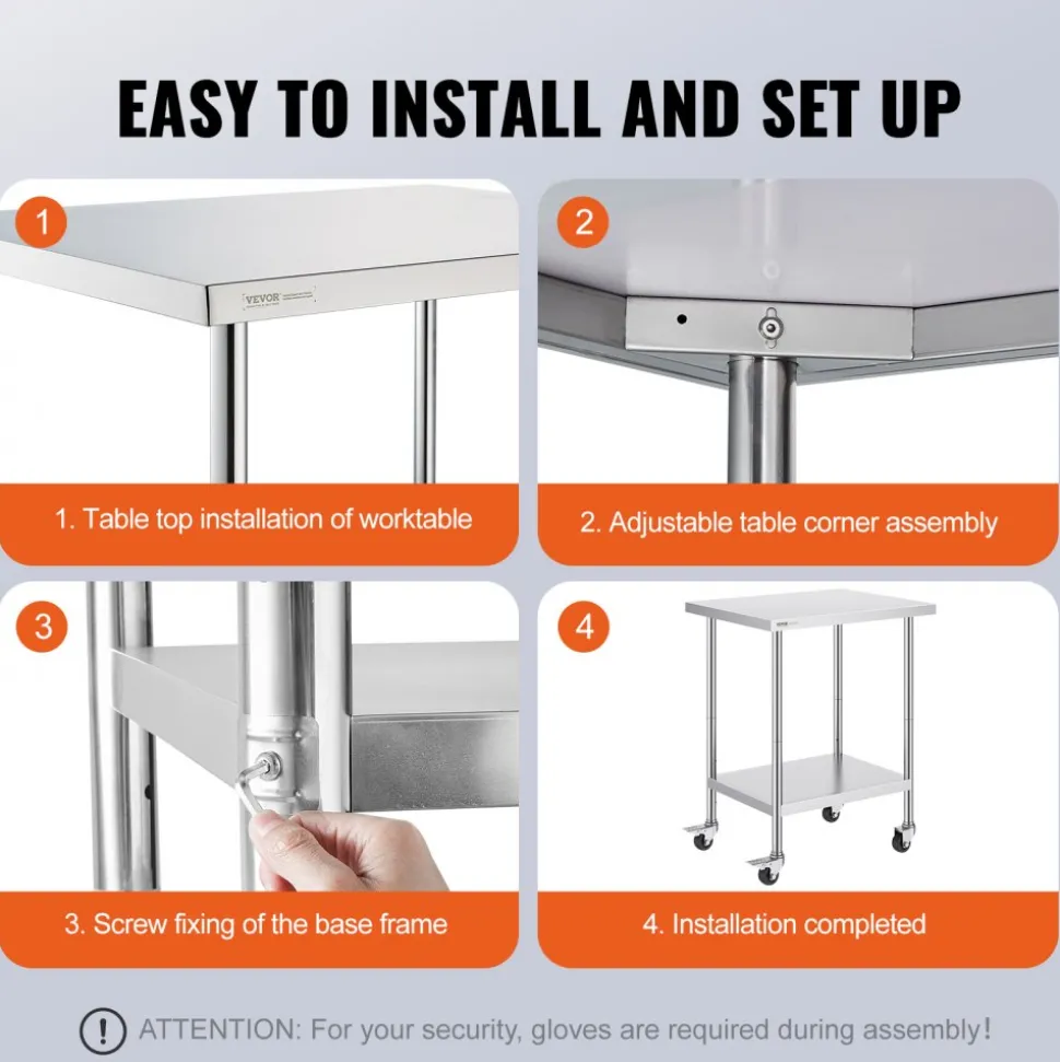 VEVOR Stainless Steel Work Table 24 x 30 x 38 Inch, with 4 Wheels, 3 Adjustable Height Levels, Heavy Duty Food Prep Worktable for Commercial Kitchen Restaurant, Silver