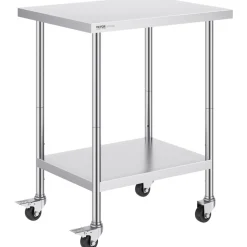 VEVOR Stainless Steel Work Table 24 x 30 x 38 Inch, with 4 Wheels, 3 Adjustable Height Levels, Heavy Duty Food Prep Worktable for Commercial Kitchen Restaurant, Silver