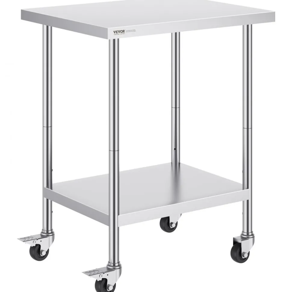 VEVOR Stainless Steel Work Table 24 x 30 x 38 Inch, with 4 Wheels, 3 Adjustable Height Levels, Heavy Duty Food Prep Worktable for Commercial Kitchen Restaurant, Silver