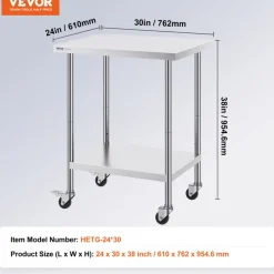 VEVOR Stainless Steel Work Table 24 x 30 x 38 Inch, with 4 Wheels, 3 Adjustable Height Levels, Heavy Duty Food Prep Worktable for Commercial Kitchen Restaurant, Silver