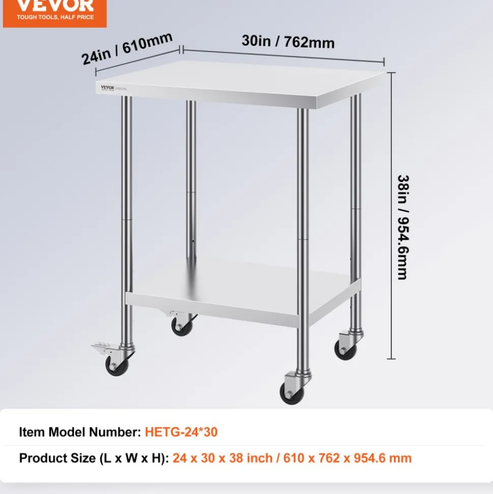 VEVOR Stainless Steel Work Table 24 x 30 x 38 Inch, with 4 Wheels, 3 Adjustable Height Levels, Heavy Duty Food Prep Worktable for Commercial Kitchen Restaurant, Silver